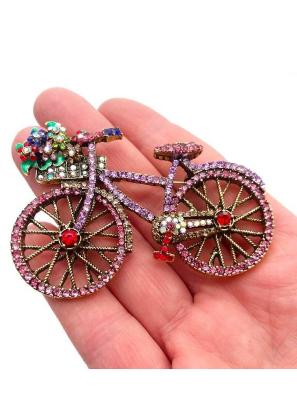 Brooch Bicycle Rhinestone Colorful Sparkle Bike Large Flowers Basket Glam Trendy